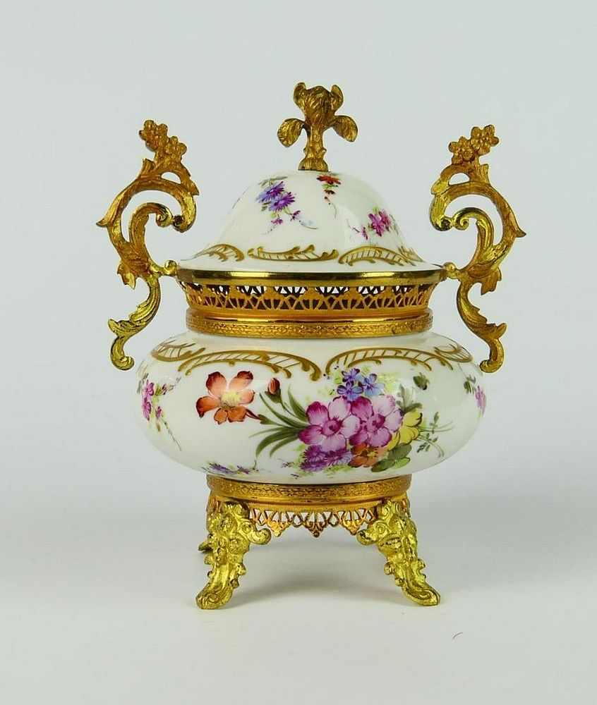 Appraisal: FRENCH SEVRES GILT METAL MOUNTED COVERED JAR French Sevres hand