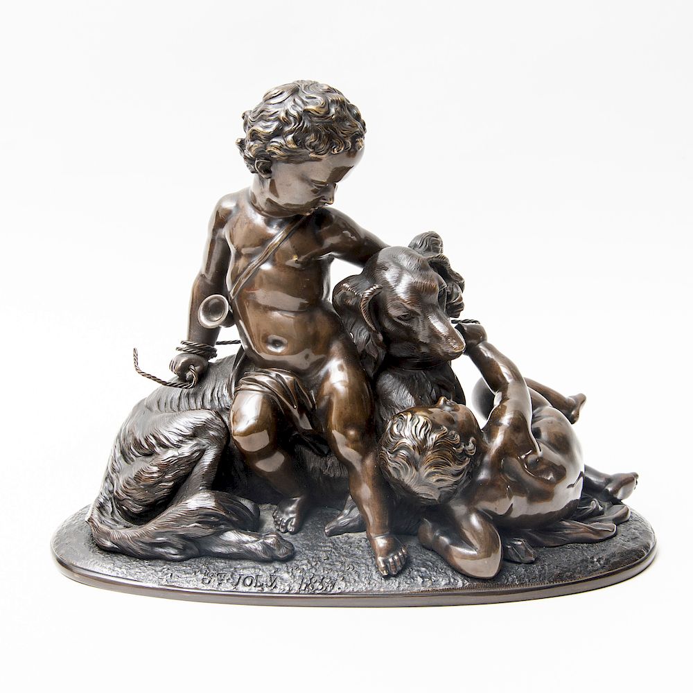 Appraisal: French School Two Cupids with a Dog Bronze signed 'S