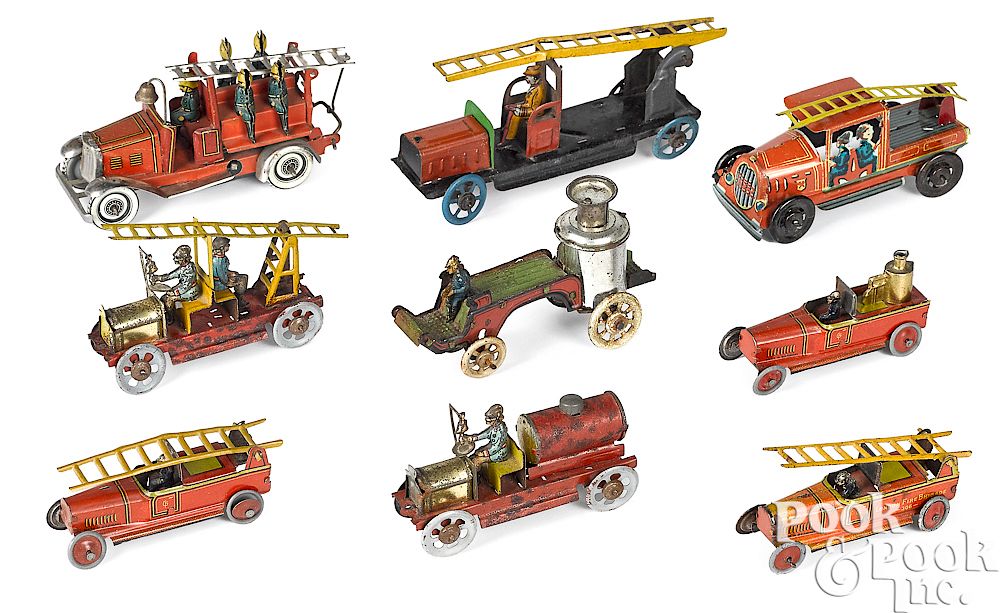 Appraisal: Nine tin lithograph fire related penny toys Collection of nine