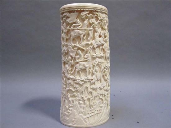 Appraisal: ASIAN RELIEF CARVED IVORY TUSK VASE th C Depicting mounted