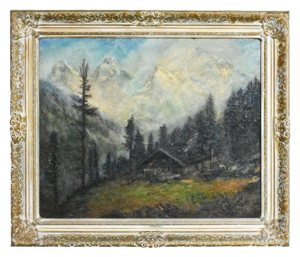 Appraisal: EARLY th CENTURY PAINTING Mountain Cabin Landscape Signed T E