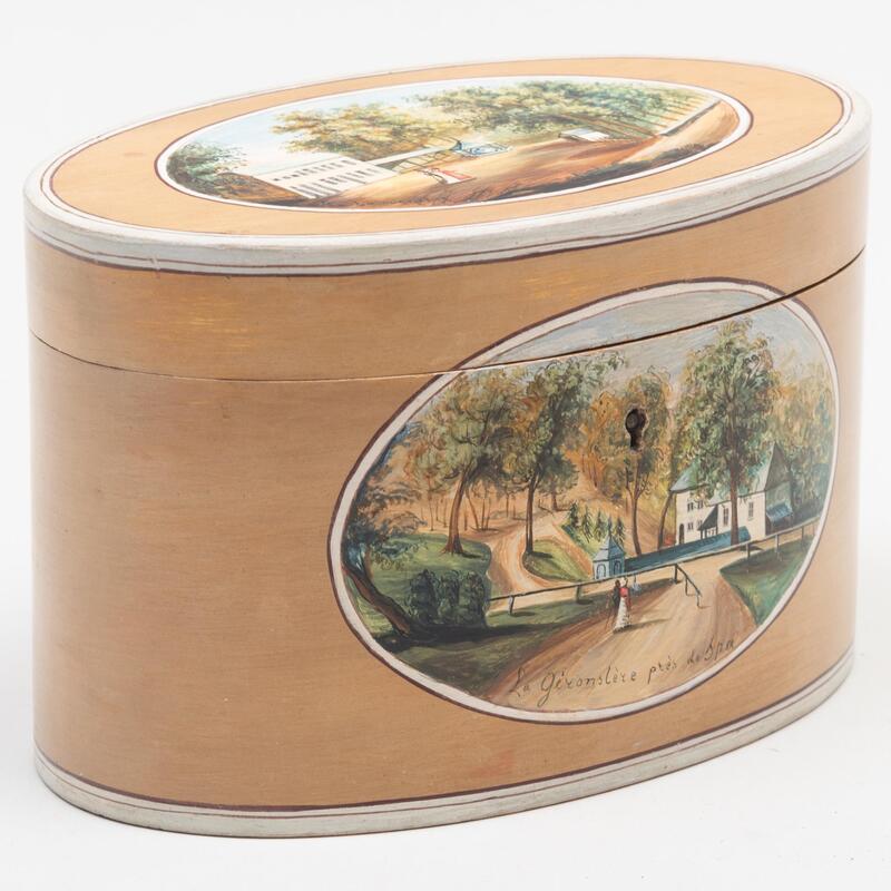 Appraisal: Belgian Painted Oval Tea Caddy Marked 'La G ronsl re