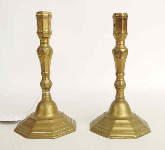 Appraisal: Pair th c French brass candlesticks '' Ht