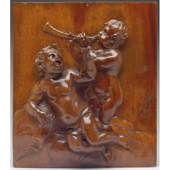 Appraisal: Ricardo Merino wood plaque two hand carved cherubs with horn