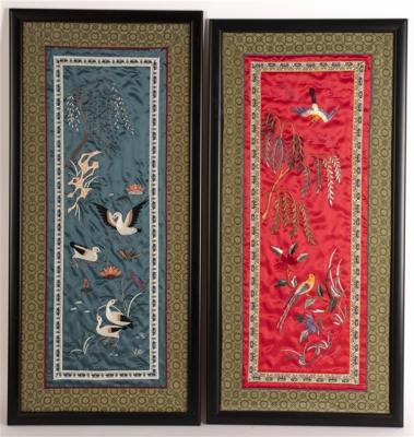 Appraisal: Two framed Chinese embroidered cuffs one red one teal the