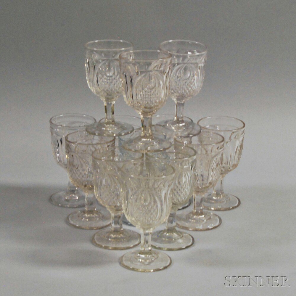 Appraisal: Set of Thirteen Colorless Pattern Glass Pineapple Goblets New England