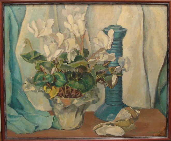 Appraisal: Emily Hortense Budell Floral still life with shell and candlestick