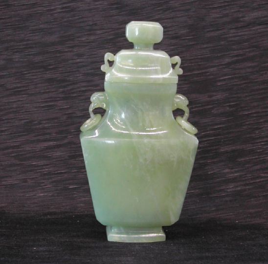 Appraisal: Chinese Carved Pea-Green Jade Covered Cabinet Vase second quarter th