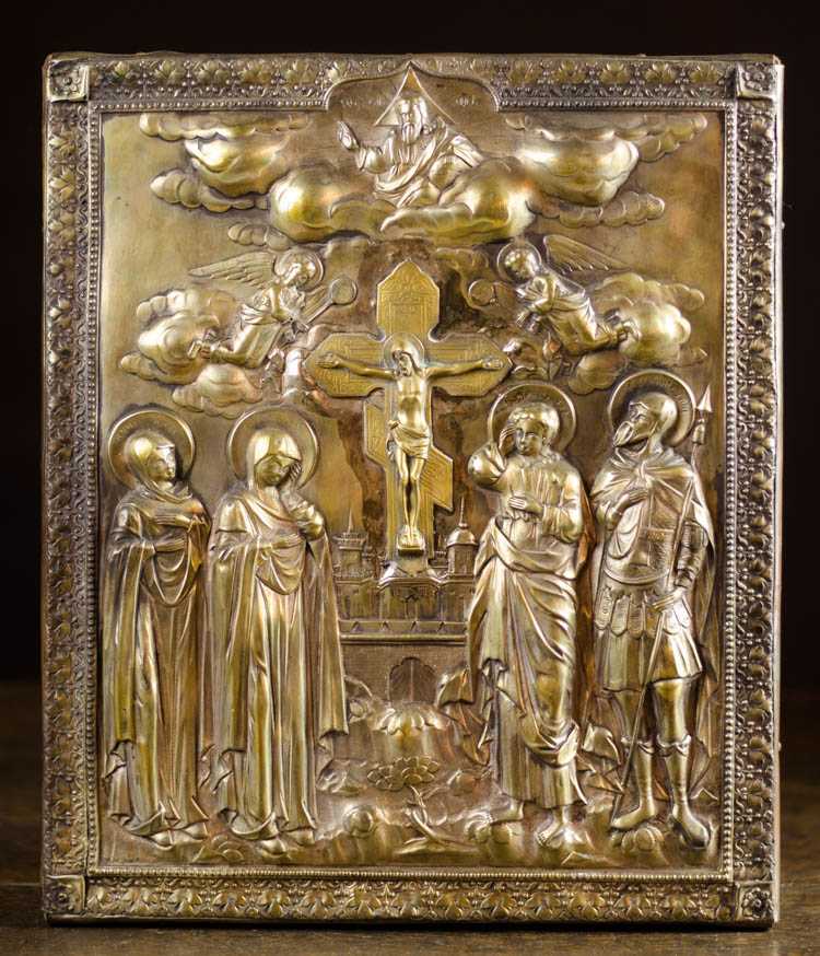 Appraisal: RUSSIAN ICON depicting The Crucifixion of Jesus embossed metal over