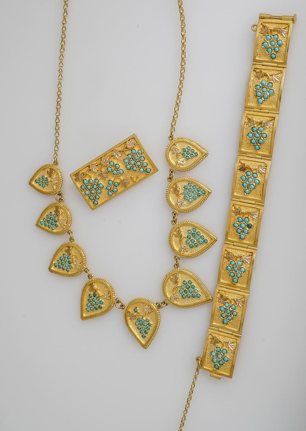 Appraisal: -KARAT YELLOW-GOLD AND TURQUOISE THREE-PIECE ENSEMBLE -Karat Yellow-Gold and Turquoise