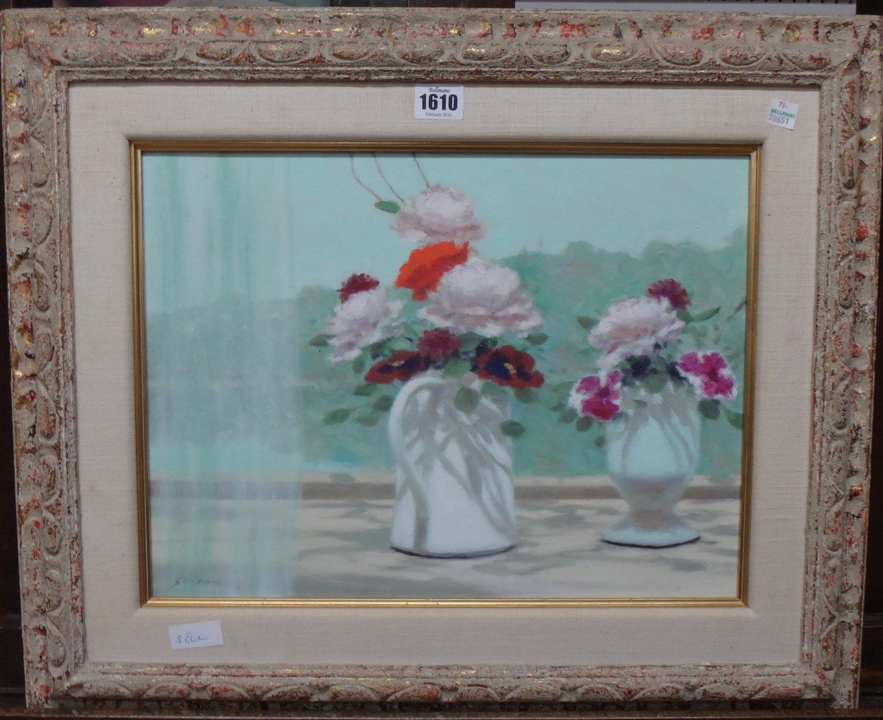 Appraisal: Andre Gisson - 'Reflections' floral-window with curtain peonies oil on