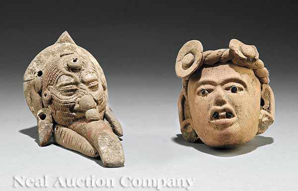 Appraisal: Two Veracruz Head-Form Pottery Whistles c - the first head