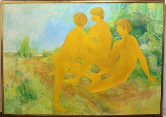 Appraisal: TH CENTURY OIL ON CANVAS DEPICTING THREE NUDEYOUNG MEN ON