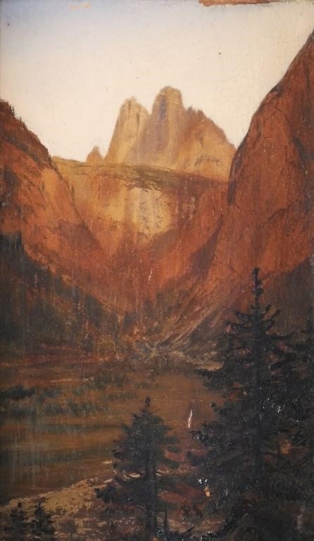 Appraisal: Oil on board landscape painting showing a mountain peak at