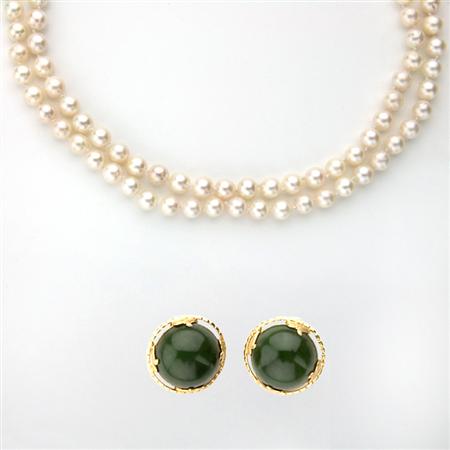 Appraisal: Double Strand Cultured Pearl Necklace and Pair of Gold and