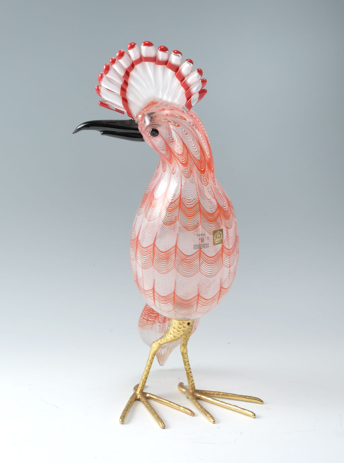 Appraisal: LICIO ZANETTI MURANO ART GLASS BIRD Red white fanned crown