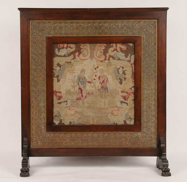 Appraisal: Embroidered fire screen with Persian theme insert carved mahogany outer