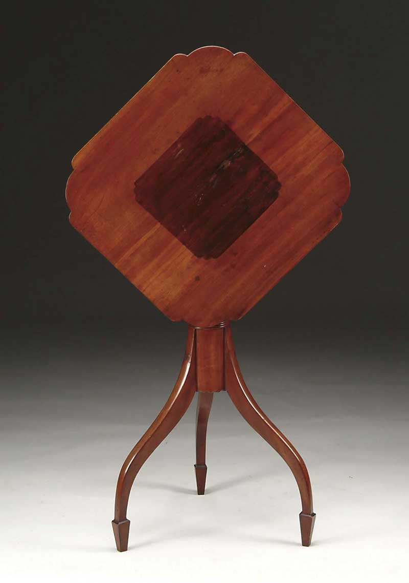 Appraisal: INTERESTING CHERRY FEDERAL CANDLESTAND Shaped corner square top has light