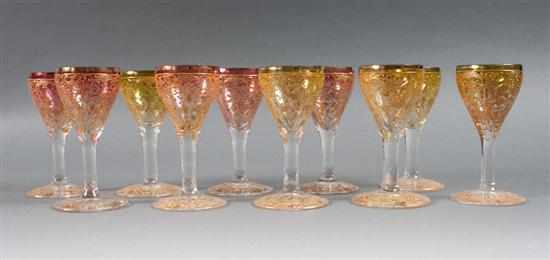 Appraisal: Set of Bohemian gilt enameled cranberry and emerald glass cordials