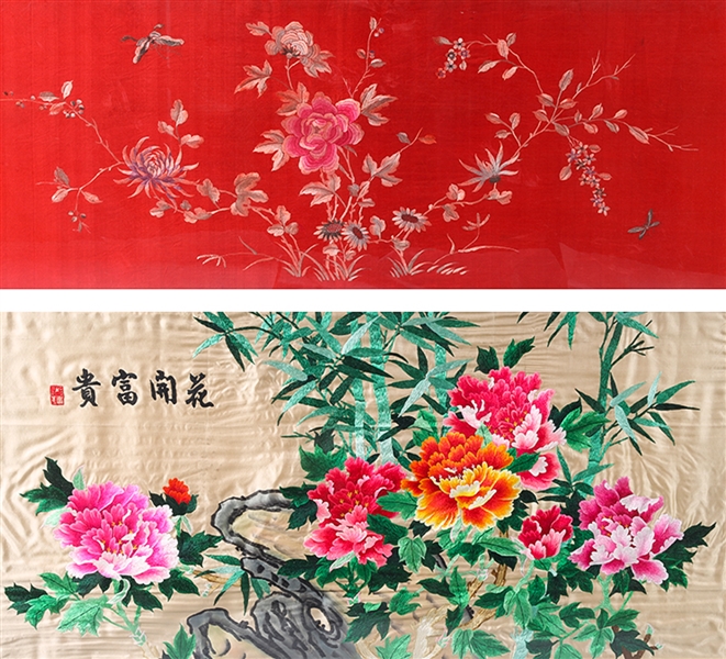 Appraisal: Two large Chinese embroidered works of art each of flowers