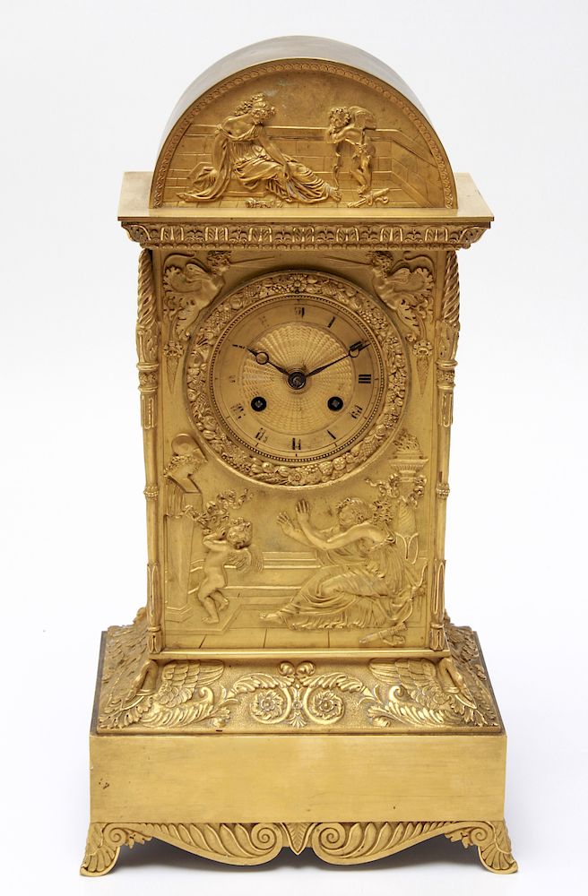 Appraisal: Neoclassical Gilt-Bronze Allegory Mantel Clock Neoclassical gilt bronze with bas-relief