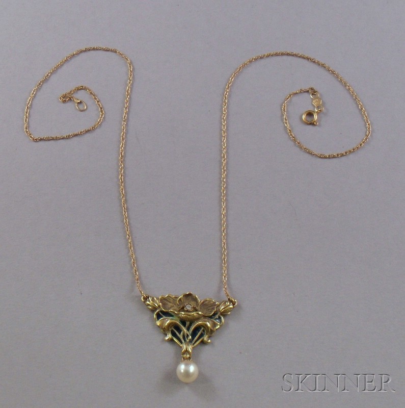 Appraisal: Art Nouveau Style kt Gold Pearl and Plique-a-Jour Pendant Necklace