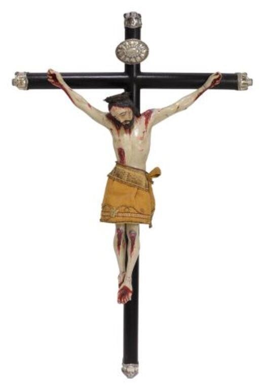 Appraisal: Continental crucifix likely Italian ebonized wood cross with silver content