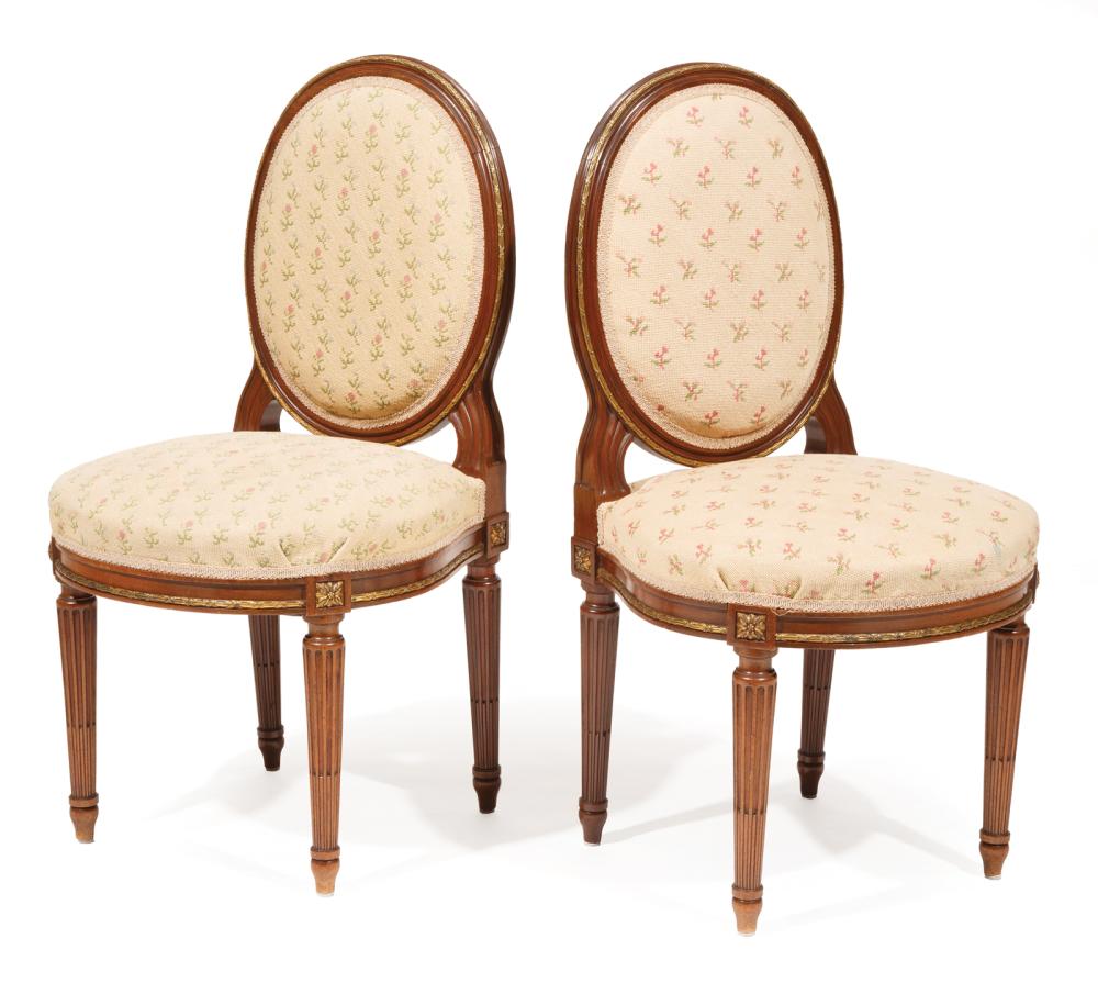 Appraisal: Pair Louis XVI-Style Gilt Bronze-Mounted Mahogany Side Chairs balloon backs