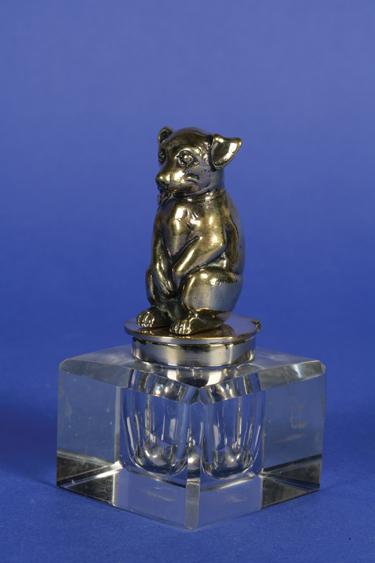 Appraisal: A GLASS CUBE-SHAPED INKWELL the hinged cover in the form