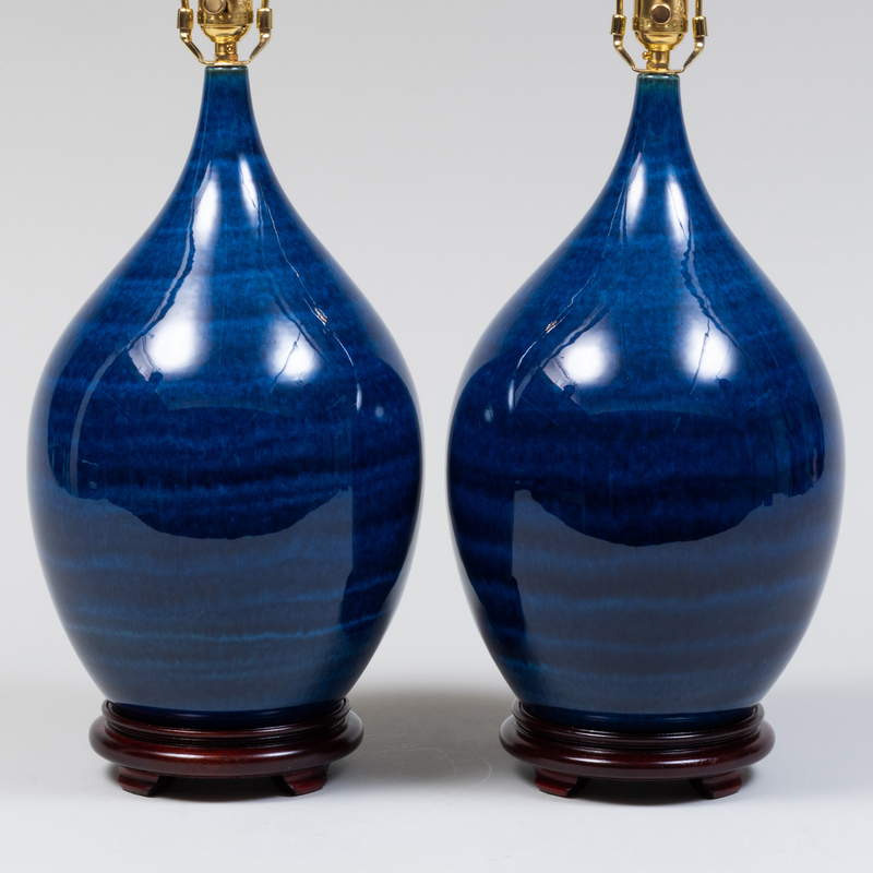 Appraisal: Pair of Contemporary Blue-Glazed Porcelain Teardrop Form Vases Mounted as