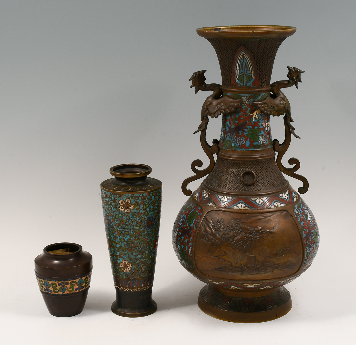 Appraisal: PC JAPANESE CHAMPLEVE VASES th-century Japanese Champleve vases Two have