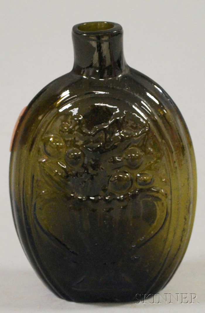 Appraisal: Olive Blown Molded Cornucopia and Urn of Flowers Glass Flask