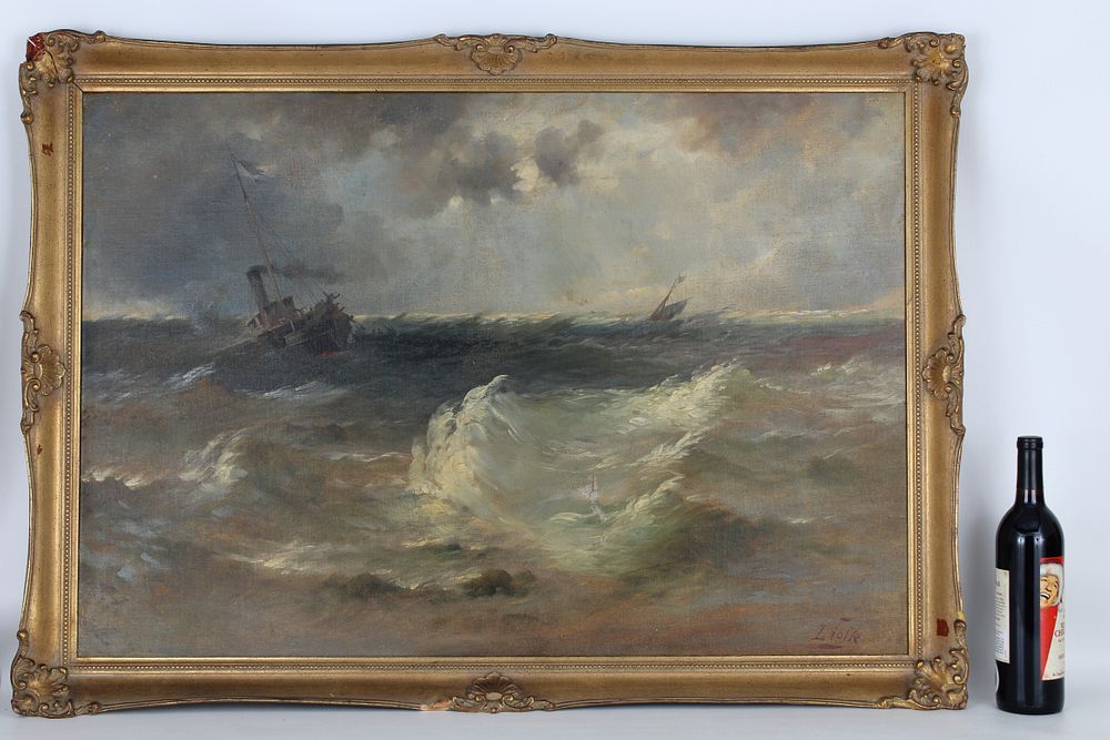 Appraisal: Signed Large European School Shipwreck Painting Signed Large European School