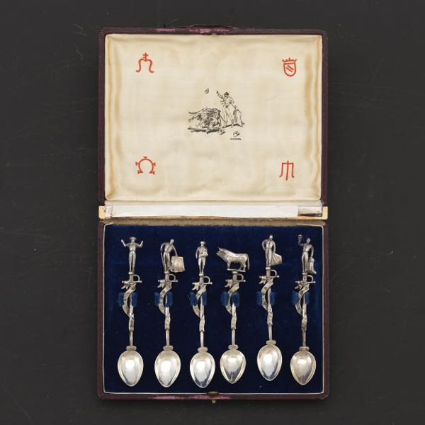 Appraisal: SIX SPANISH STERLING SILVER BOXED MATADOR AND BULL DEMITASSE SPOONS