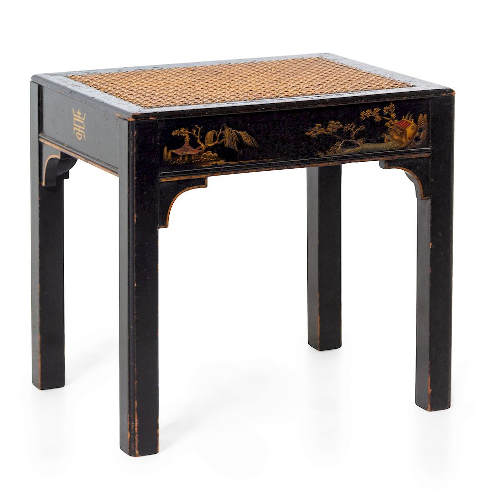 Appraisal: Ebonized Wood Stool with Cane Filled Seat Heig Ebonized Wood