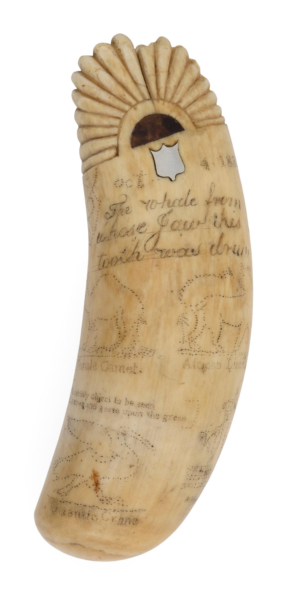 Appraisal: INLAID SCRIMSHAW WHALE'S TOOTH DATED LENGTH WITH WOOD AND METAL