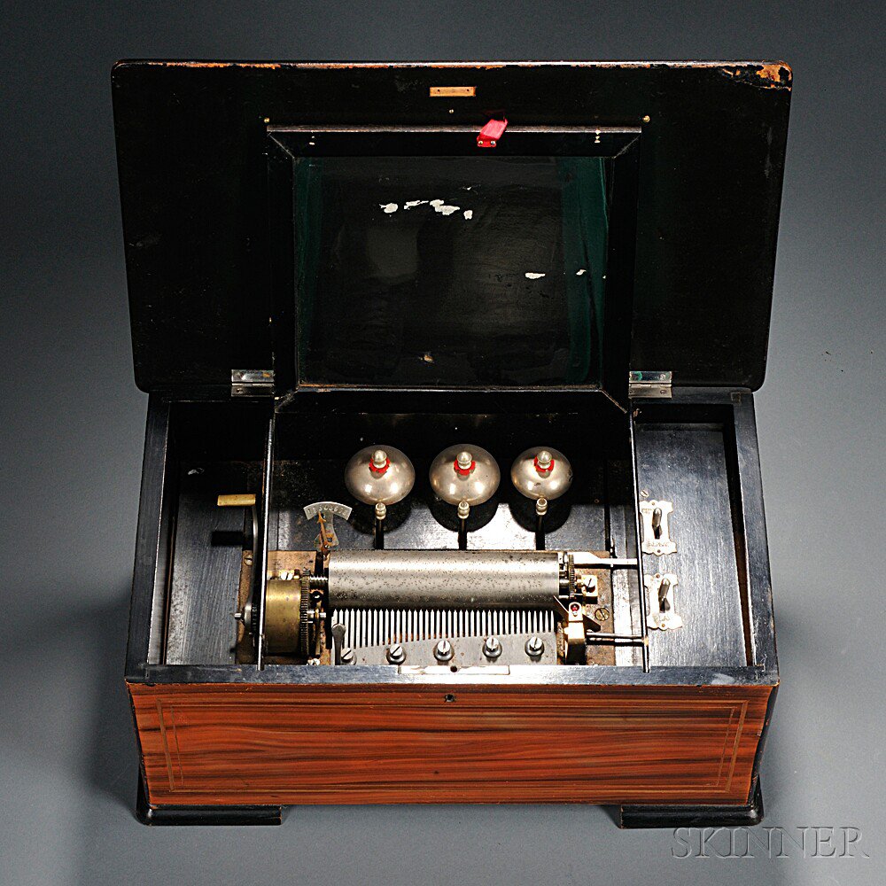 Appraisal: Eight-air Three-bell Cylinder Musical Box Switzerland c with a -in