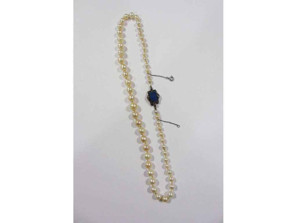 Appraisal: String of cultured pearls with silver and blue agate clasp