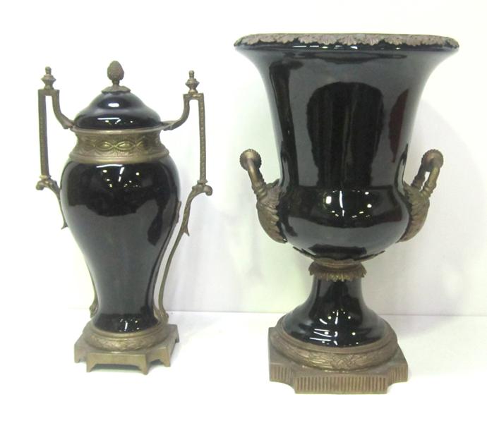 Appraisal: TWO BLACK AND BRASS URNS TWO BLACK AND BRASS URNS