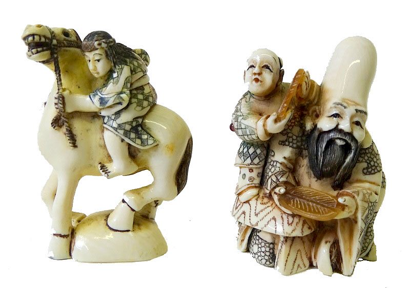 Appraisal: Two Chinese Carved Netsuke Groups Two Chinese Carved Ivory Netsuke