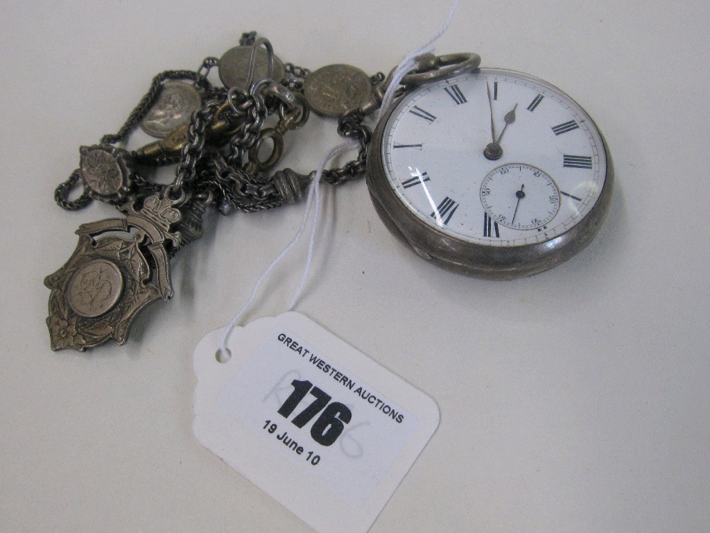 Appraisal: Silver pocket watch on Albertina with coin and metal fobs