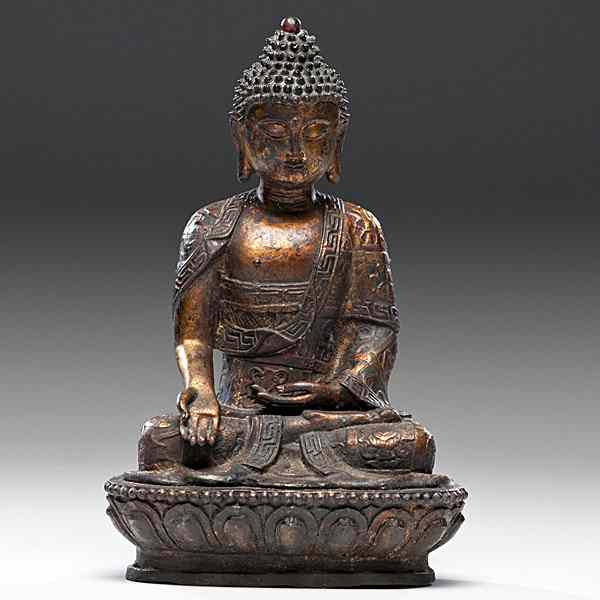 Appraisal: Chinese Bronze Buddha Chinese a bronze and enameled buddha with