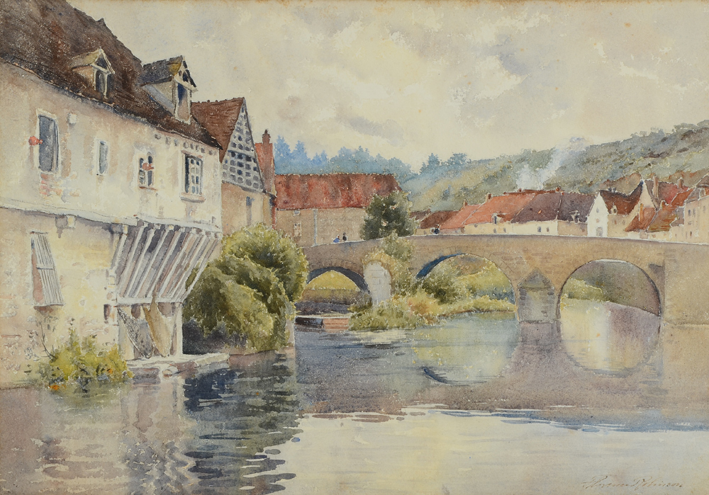 Appraisal: ROBINSON Florence Vincent American - Peaceful River Village Scene Watercolor