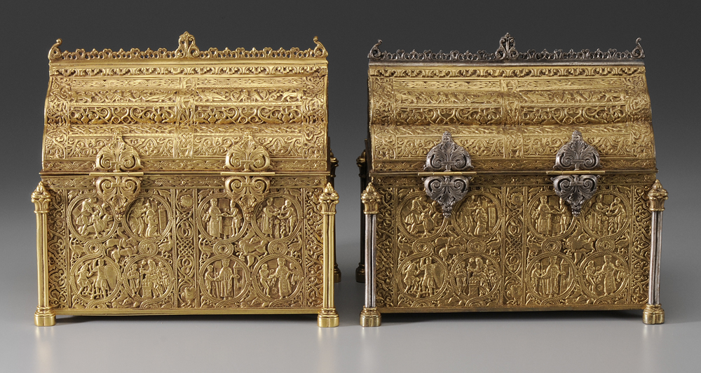 Appraisal: Two Similar Gothic Style Gilt Bronze Boxes Continental modern each