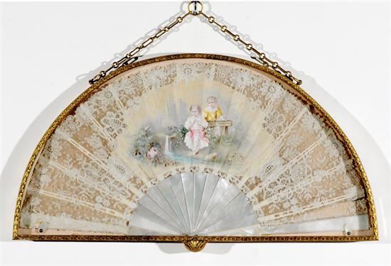 Appraisal: French painted and lace fan circa mother-of-pearl guards concealing conforming