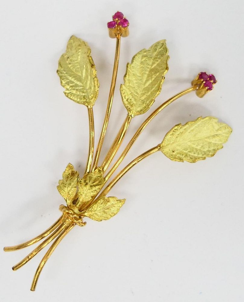 Appraisal: LARGE ANTIQUE LEAF BROOCH WITH RUBIES Measures long leaves stems