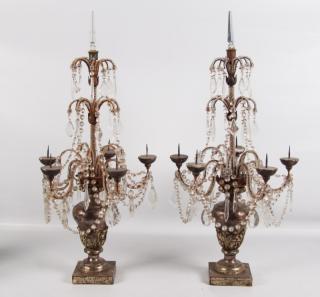 Appraisal: PAIR OF ITALIAN POLYCHROME CARVED AND CRYSTAL PRICKET CANDELABRA PAIR