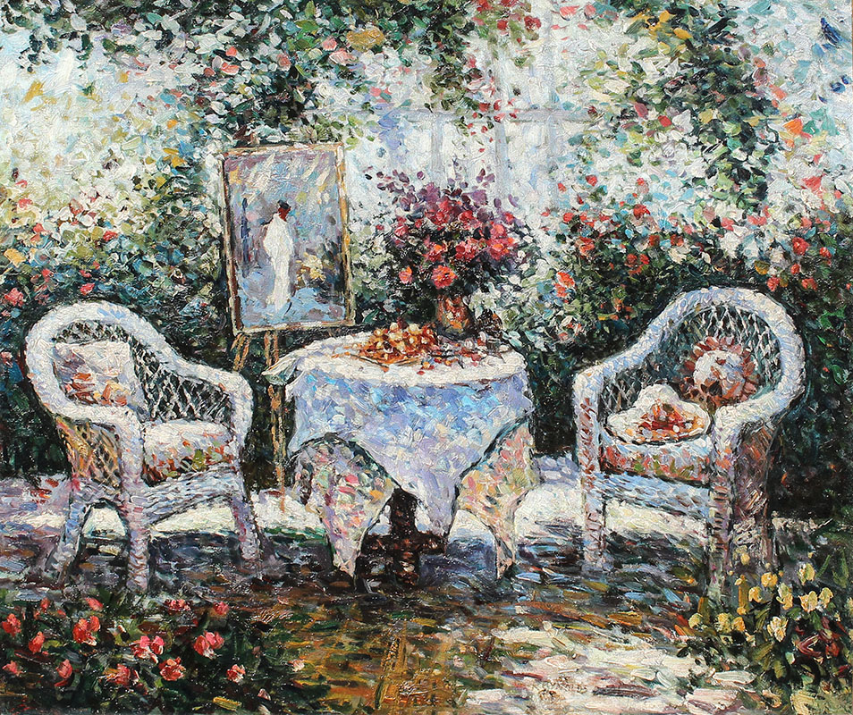 Appraisal: BEAL Reynolds American - Garden Patio Scene Oil Canvas ''