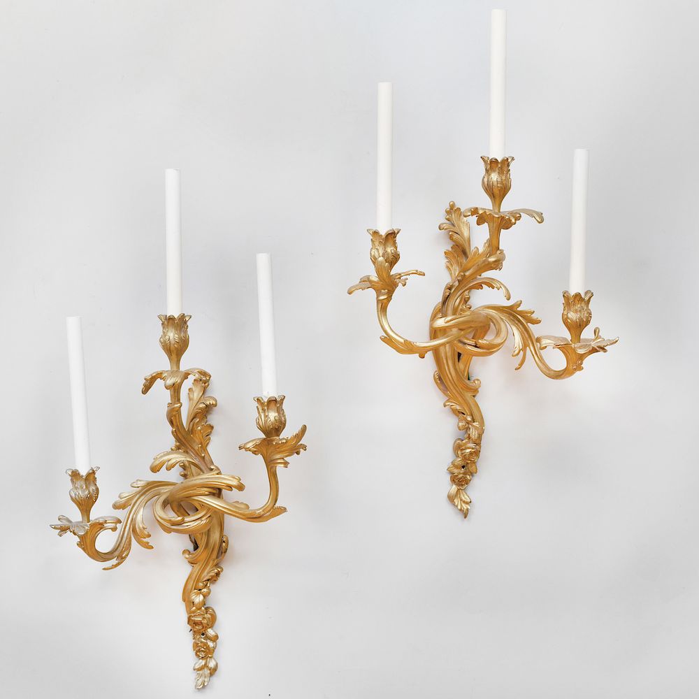 Appraisal: Pair of Louis XV Style Ormolu Three-Light Sconces x x