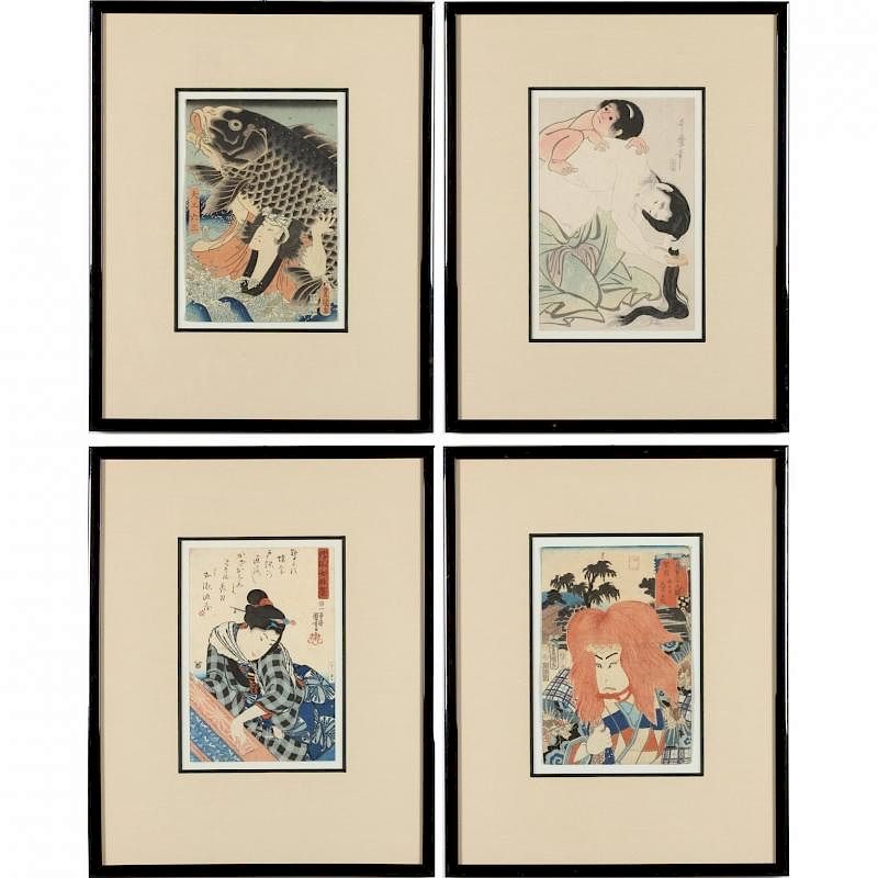 Appraisal: Four Antique Japanese Woodblock Prints each matted and framed under